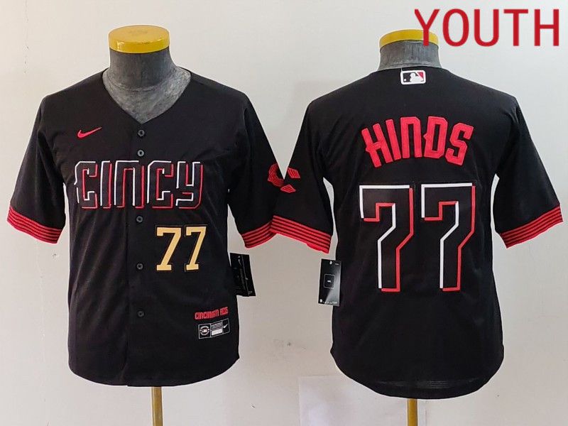 Youth Cincinnati Reds #77 Hinds Black City Edition Nike 2024 MLB Jersey style 2->youth mlb jersey->Youth Jersey